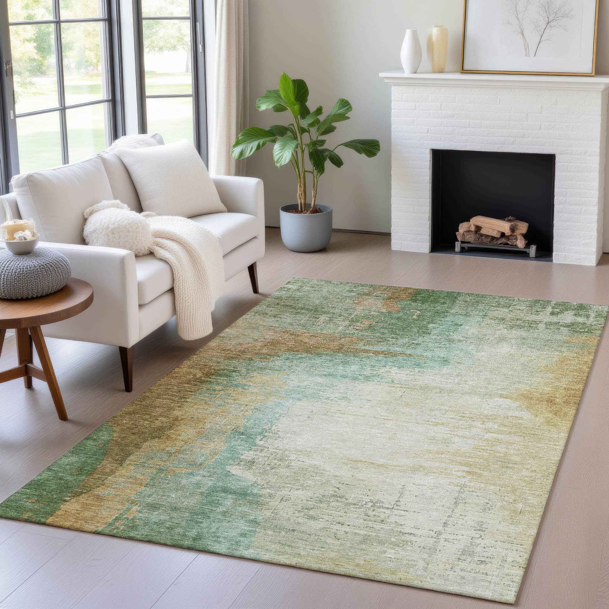 3' X 5' Artichoke Green Brown And Beige Abstract Washable Indoor Outdoor Area Rug