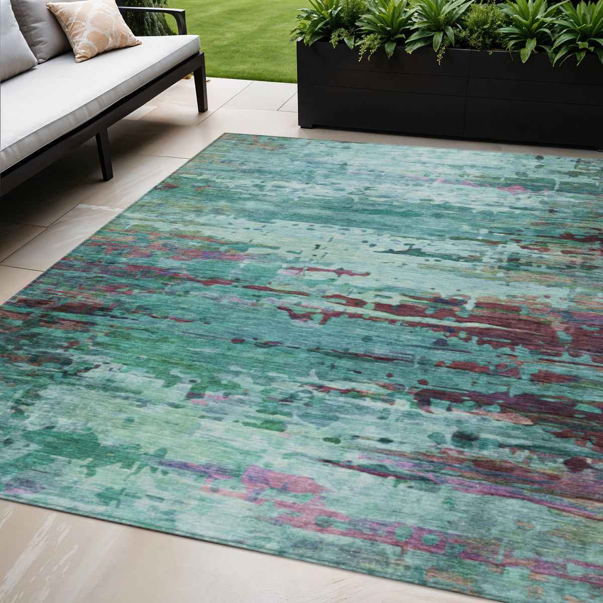 5' X 8' Teal Blue Pale Aqua And Plum Abstract Washable Indoor Outdoor Area Rug