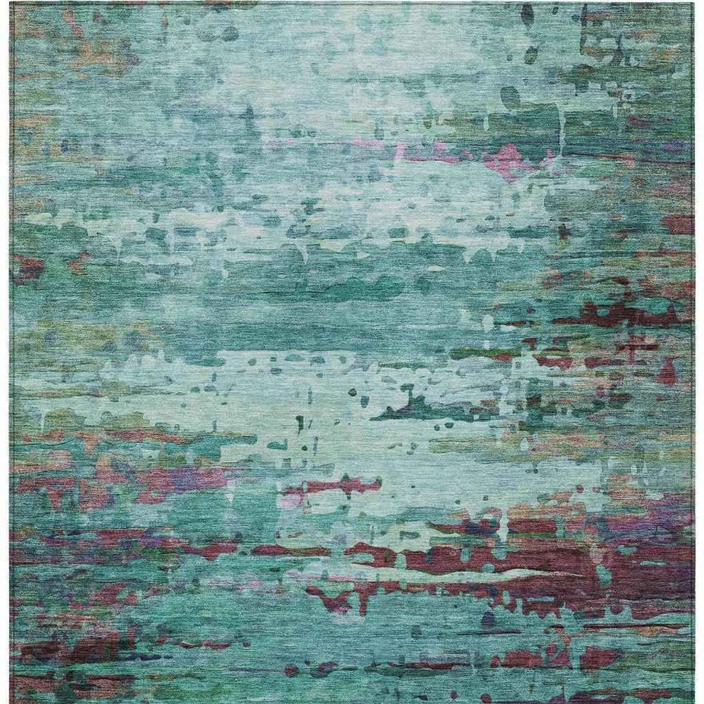 5' X 8' Teal Blue Pale Aqua And Plum Abstract Washable Indoor Outdoor Area Rug