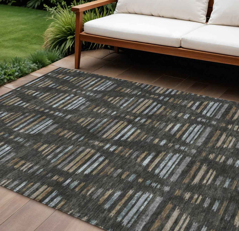 8' X 10' Coffee And Gray Striped Washable Indoor Outdoor Area Rug