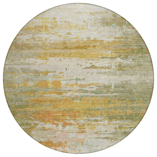 8' Artichoke Green And Gold Round Abstract Washable Indoor Outdoor Area Rug