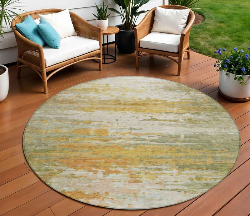 8' Artichoke Green And Gold Round Abstract Washable Indoor Outdoor Area Rug