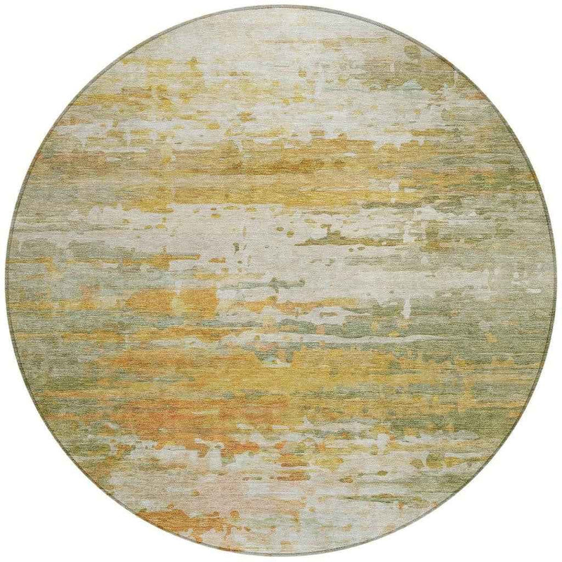 8' Artichoke Green And Gold Round Abstract Washable Indoor Outdoor Area Rug