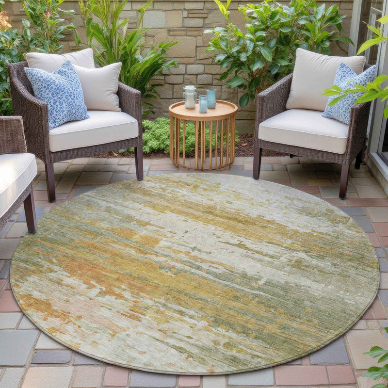 8' Artichoke Green And Gold Round Abstract Washable Indoor Outdoor Area Rug