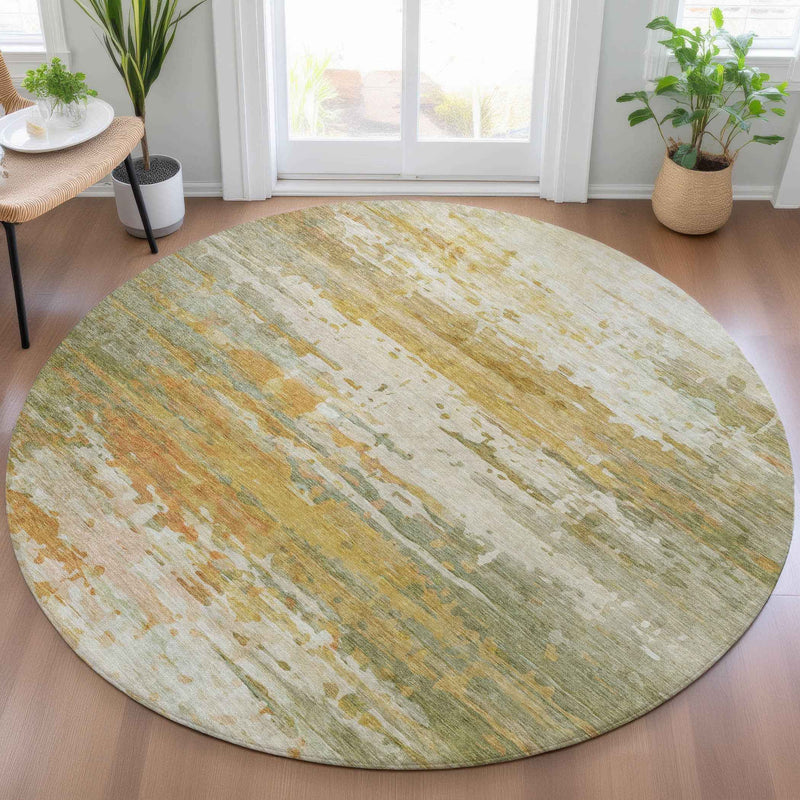 8' Artichoke Green And Gold Round Abstract Washable Indoor Outdoor Area Rug