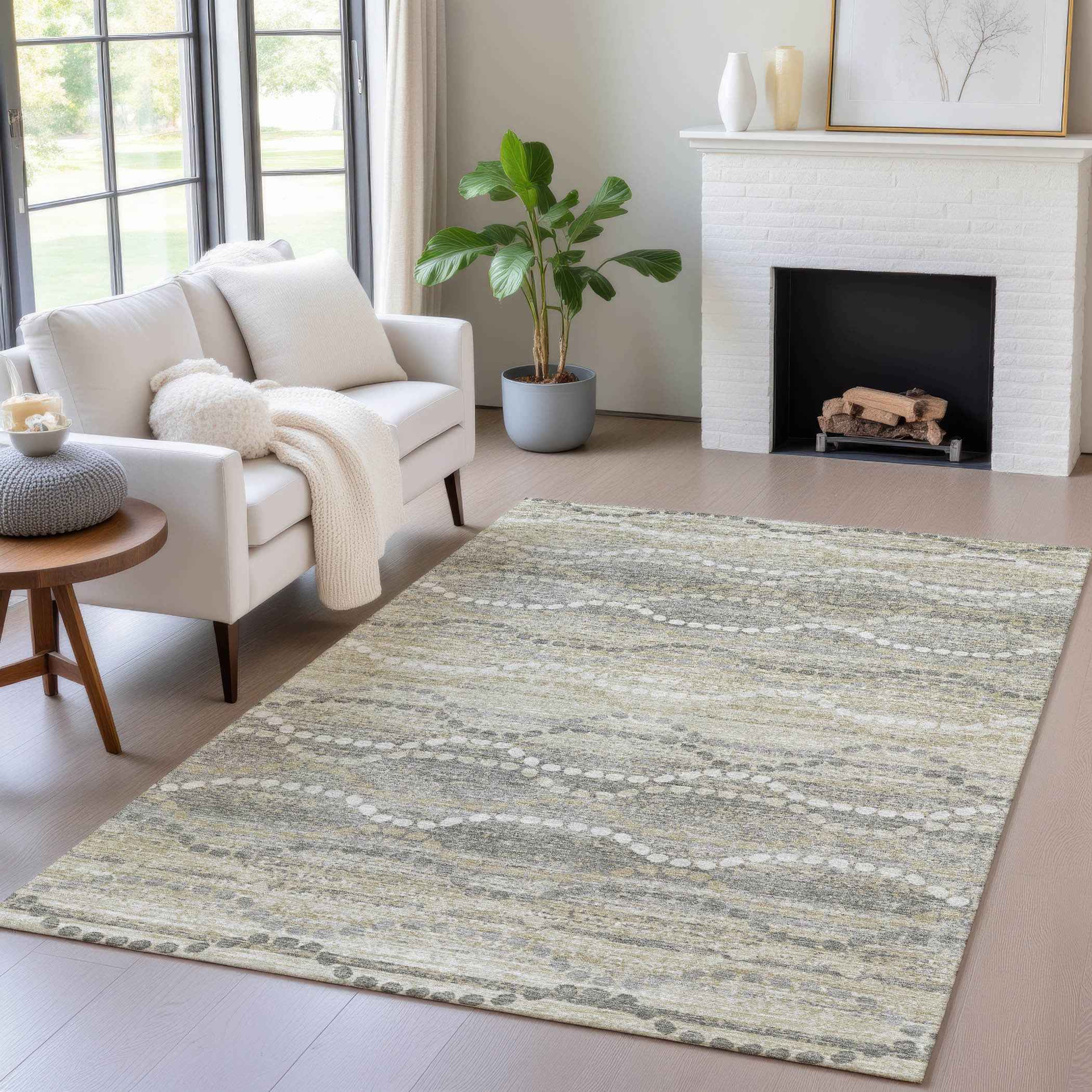 5' X 8' Pewter And Ivory Ogee Washable Indoor Outdoor Area Rug