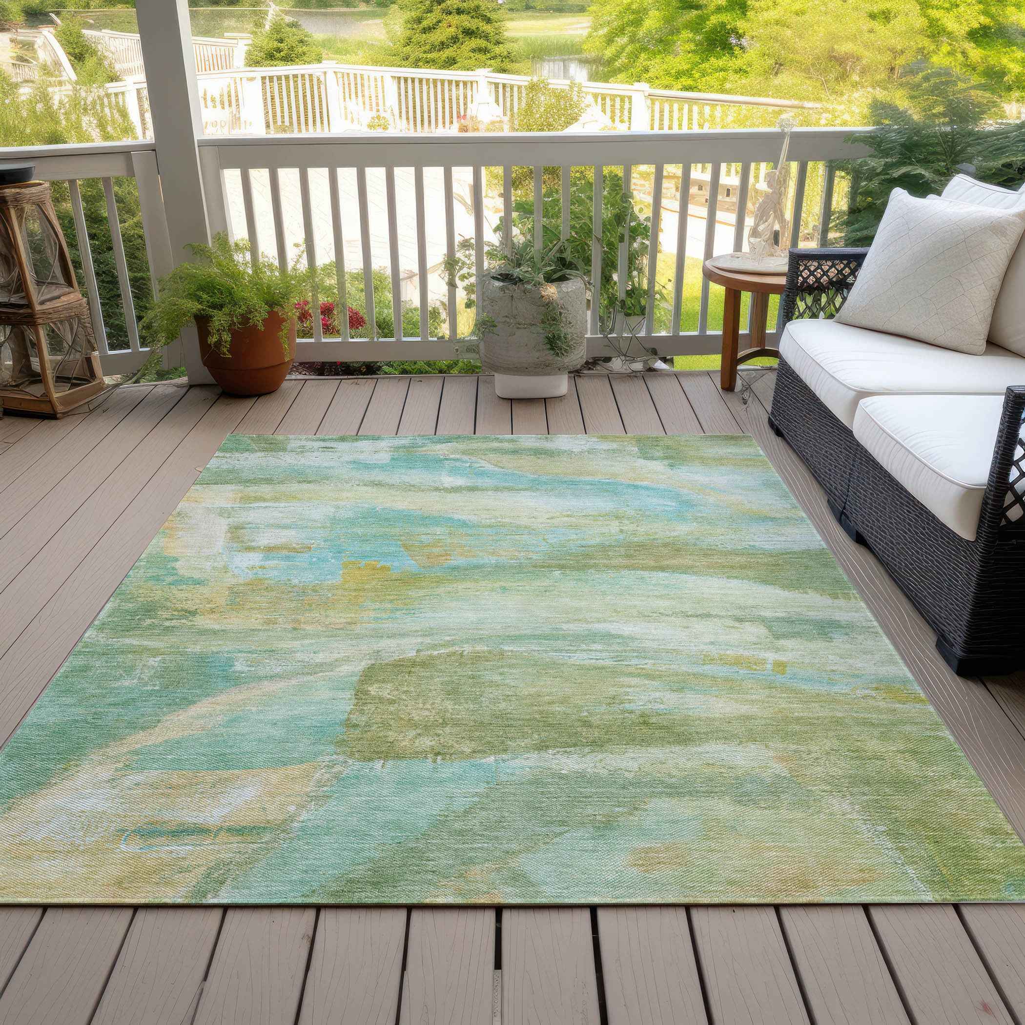 8' X 10' Green Teal Blue And Copper Abstract Washable Indoor Outdoor Area Rug