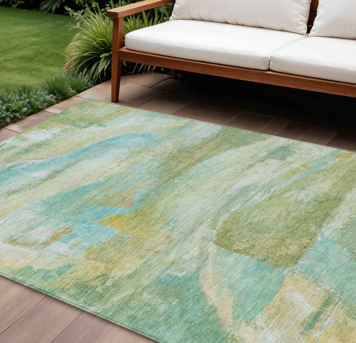 8' X 10' Green Teal Blue And Copper Abstract Washable Indoor Outdoor Area Rug