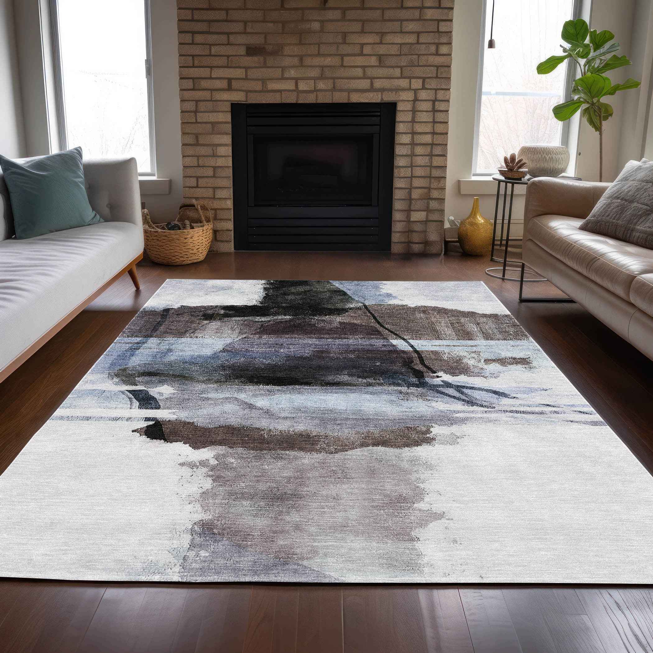 8' X 10' Brown And Ivory Abstract Washable Indoor Outdoor Area Rug