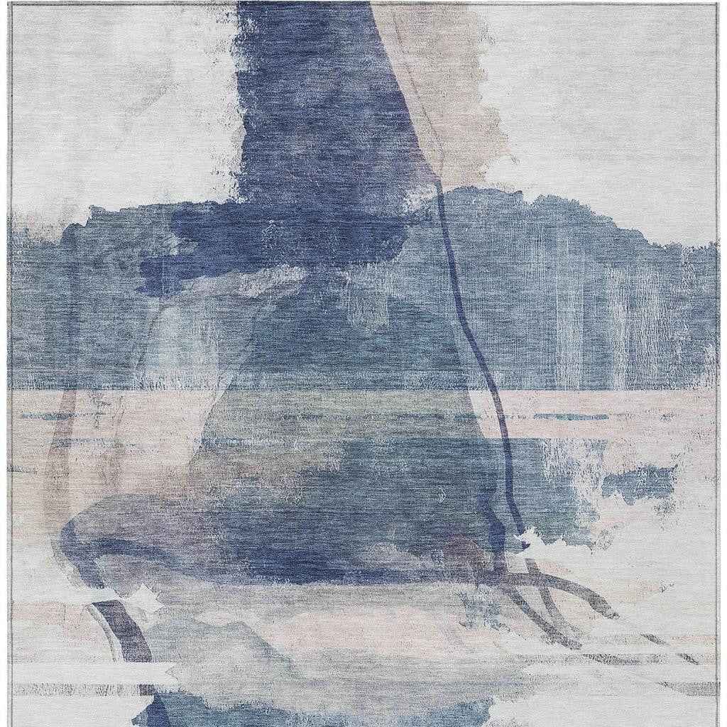 10' X 14' Blue And Ivory Abstract Washable Indoor Outdoor Area Rug