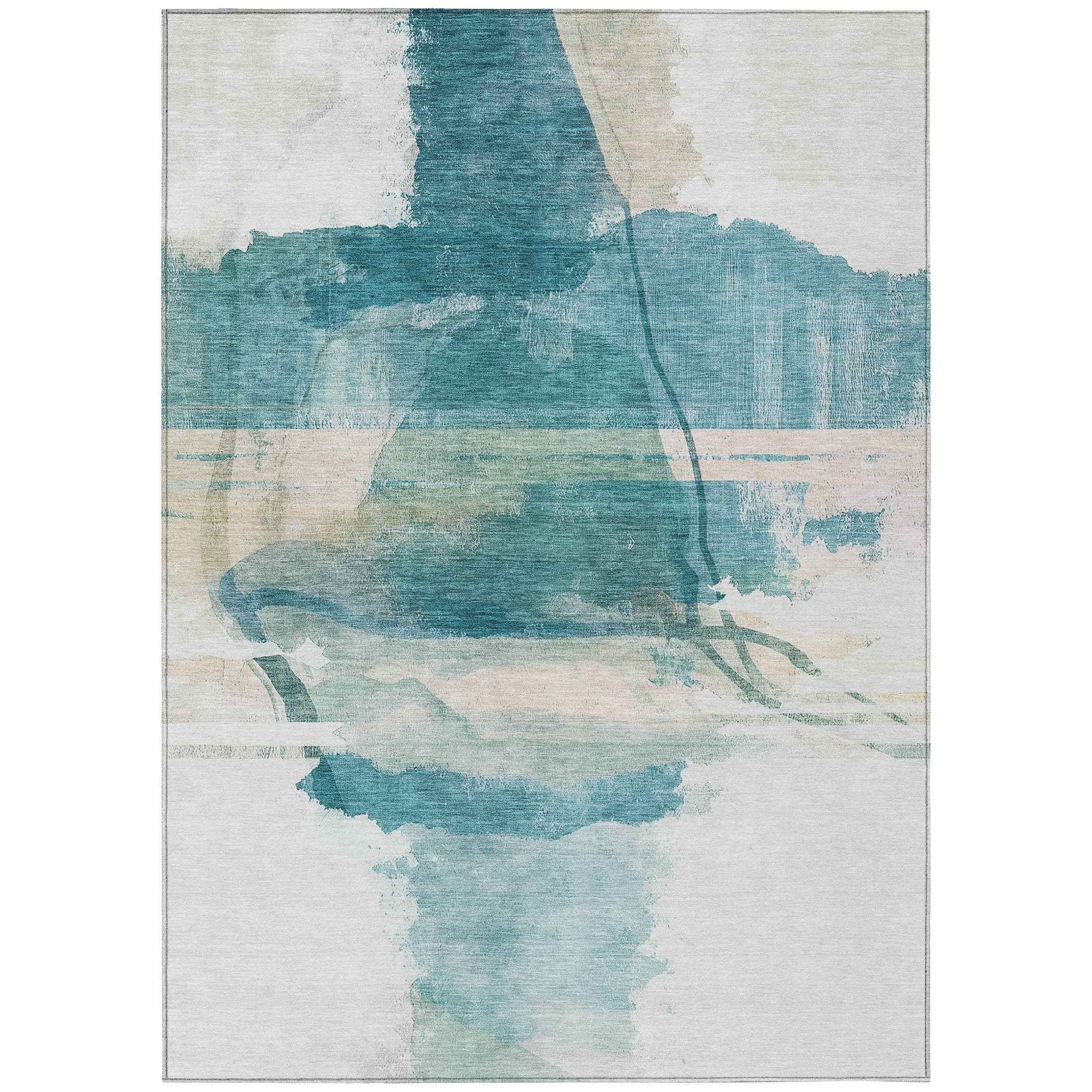 9' X 12' Teal Blue And Ivory Abstract Washable Indoor Outdoor Area Rug