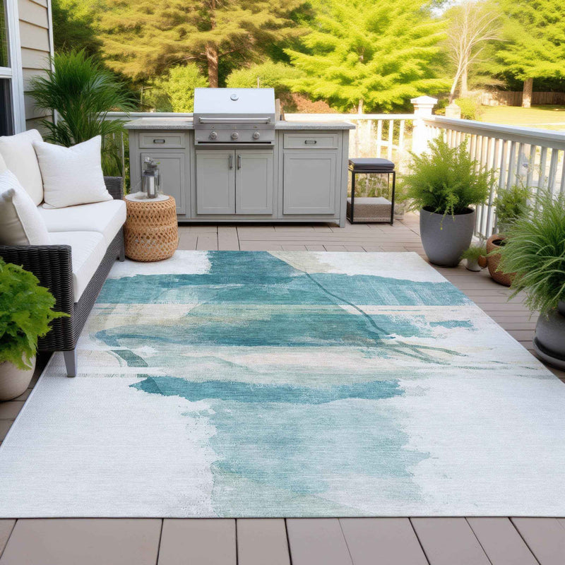 9' X 12' Teal Blue And Ivory Abstract Washable Indoor Outdoor Area Rug