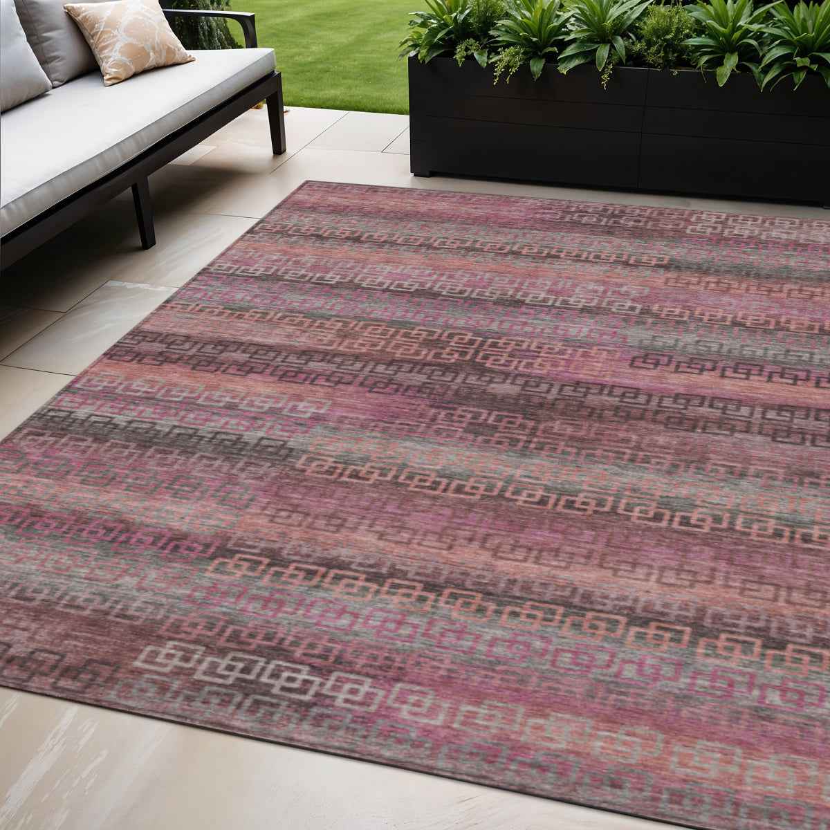 5' X 8' Pink And Gray Striped Washable Indoor Outdoor Area Rug