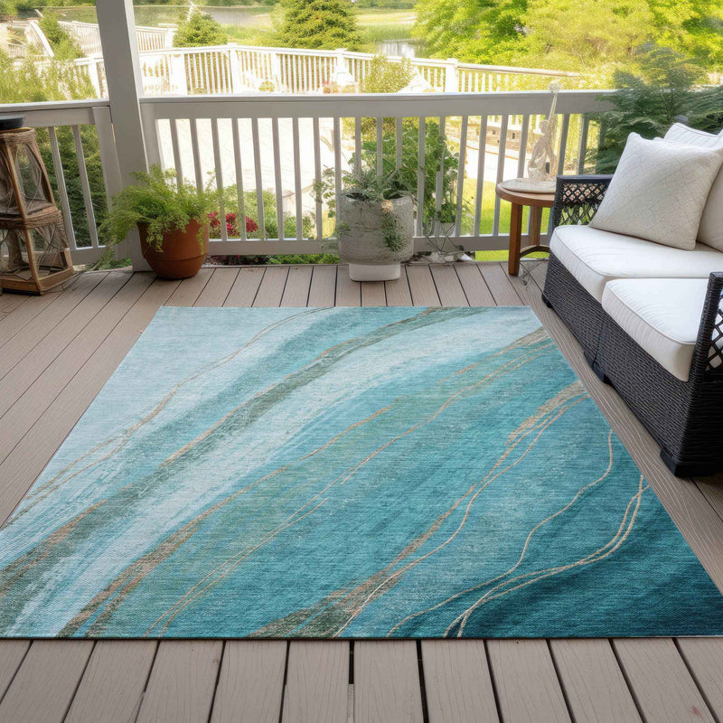 9' X 12' Turquoise And Taupe Abstract Washable Indoor Outdoor Area Rug
