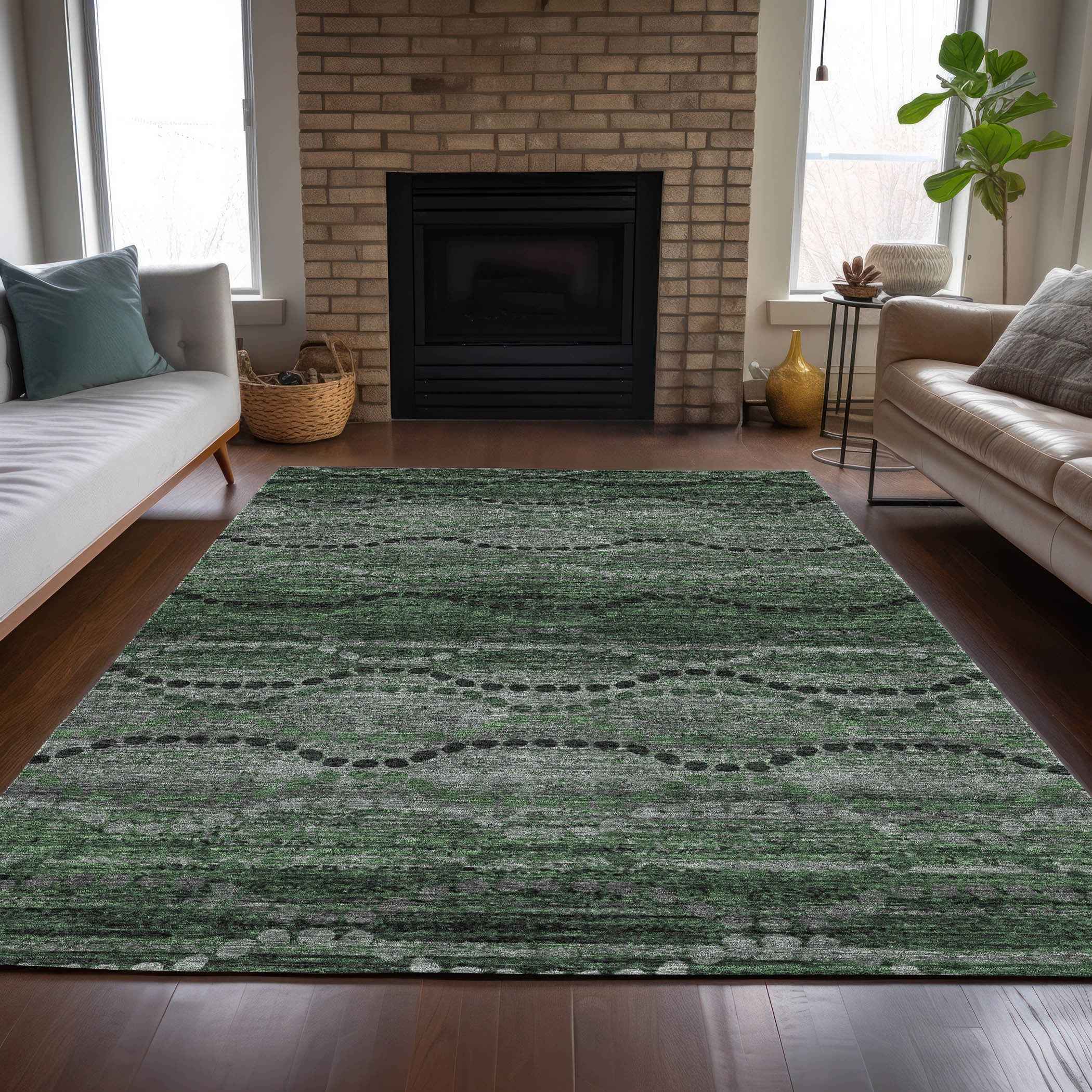 8' X 10' Olive Green And Gray Ogee Washable Indoor Outdoor Area Rug