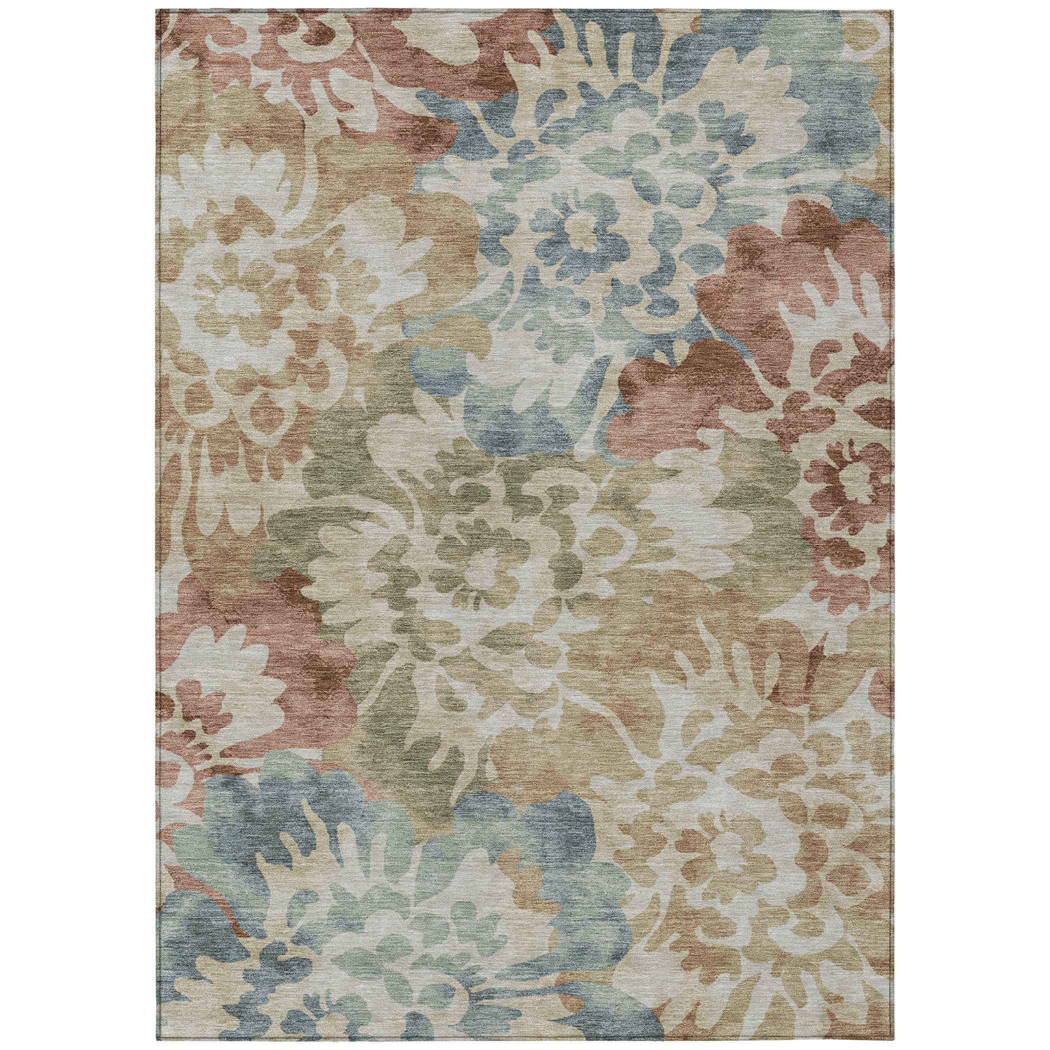 10' X 14' Rust And Beige Floral Washable Indoor Outdoor Area Rug