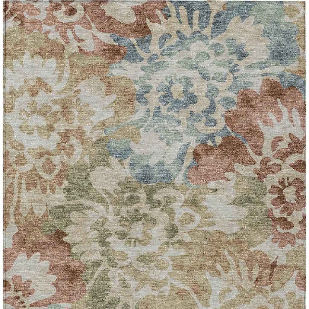 10' X 14' Rust And Beige Floral Washable Indoor Outdoor Area Rug