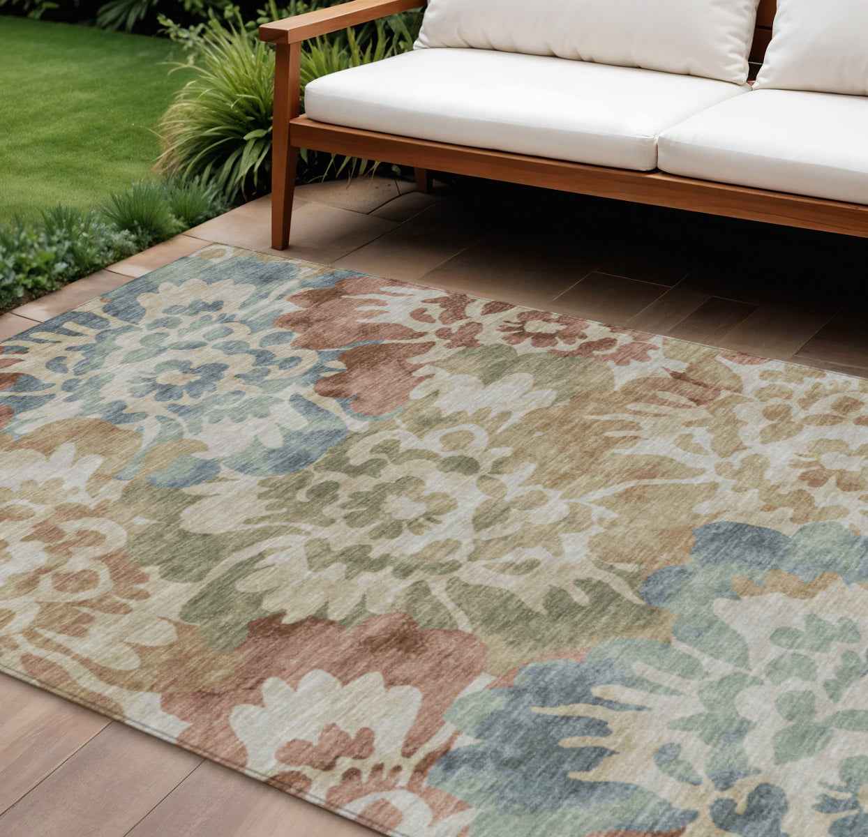 10' X 14' Rust And Beige Floral Washable Indoor Outdoor Area Rug