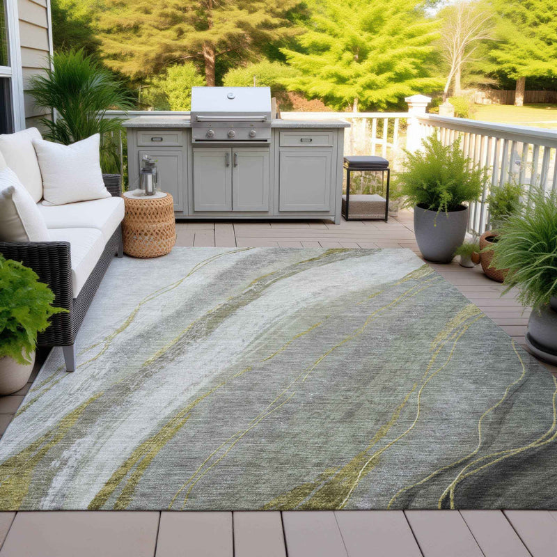 5' X 8' Artichoke Green And Gray Abstract Washable Indoor Outdoor Area Rug