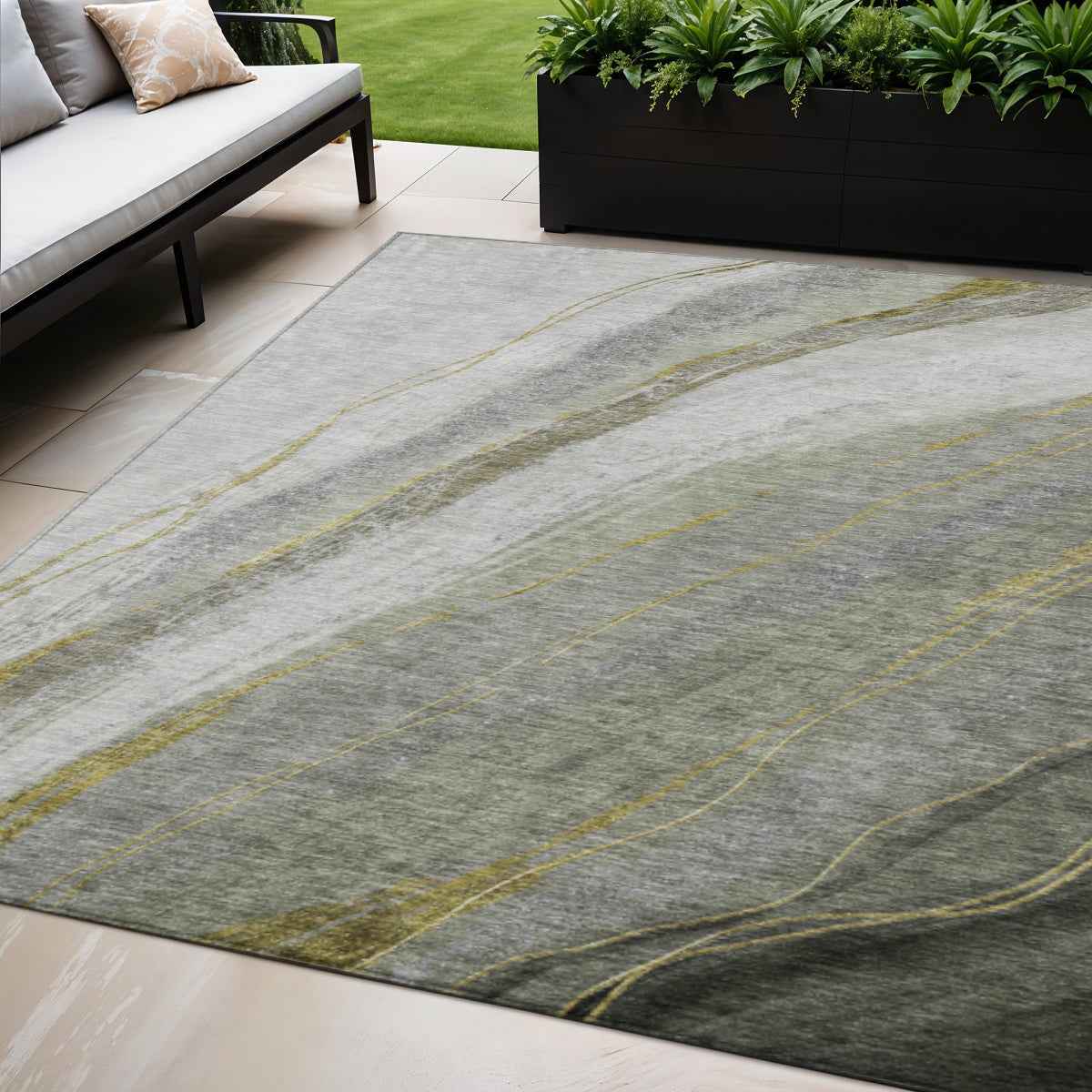 5' X 8' Artichoke Green And Gray Abstract Washable Indoor Outdoor Area Rug