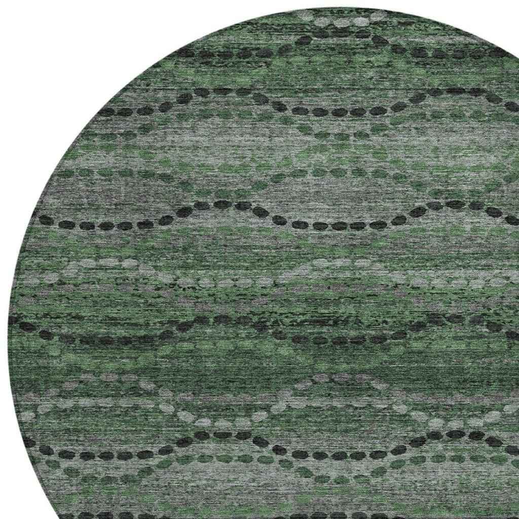 8' Olive Green And Gray Round Ogee Washable Indoor Outdoor Area Rug