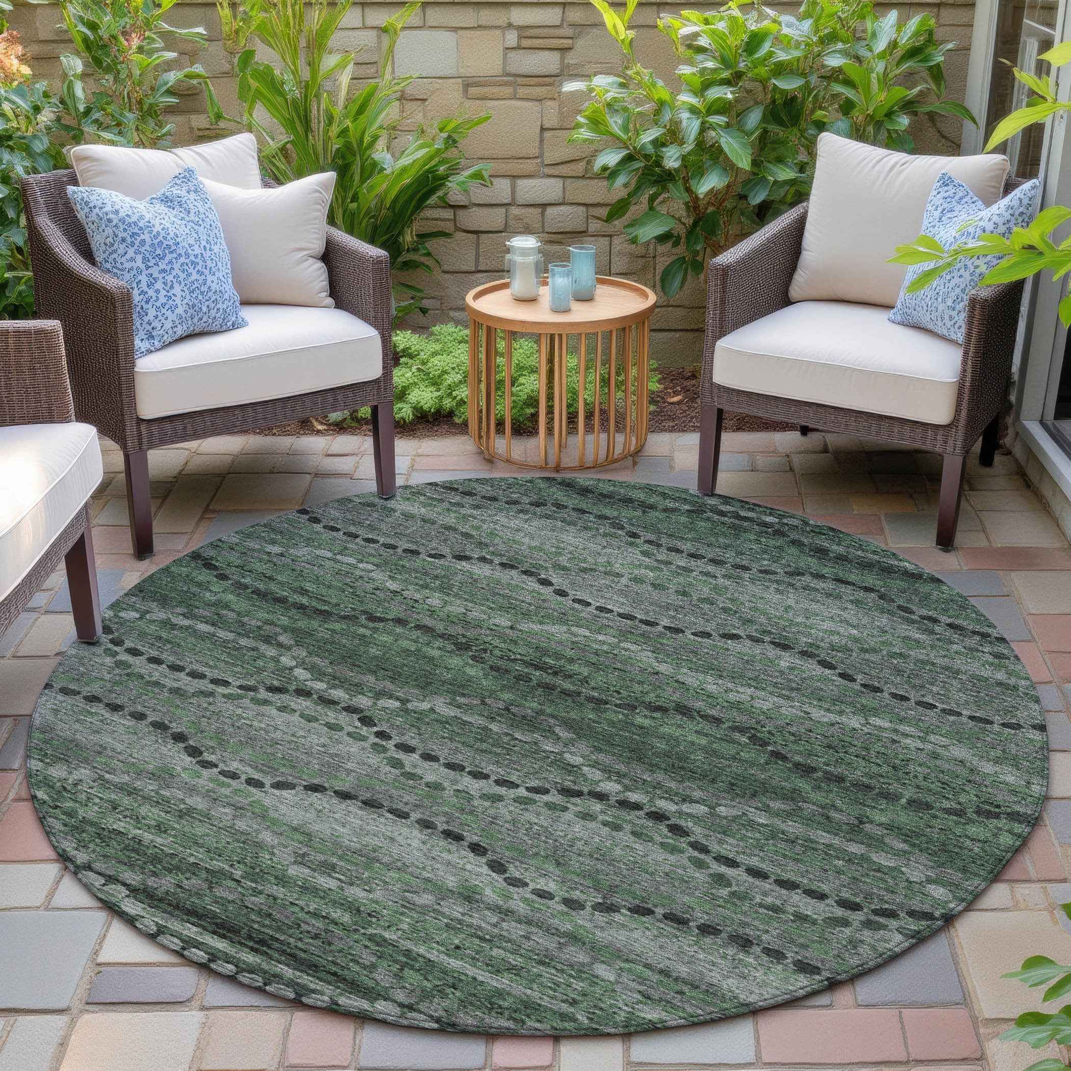 8' Olive Green And Gray Round Ogee Washable Indoor Outdoor Area Rug