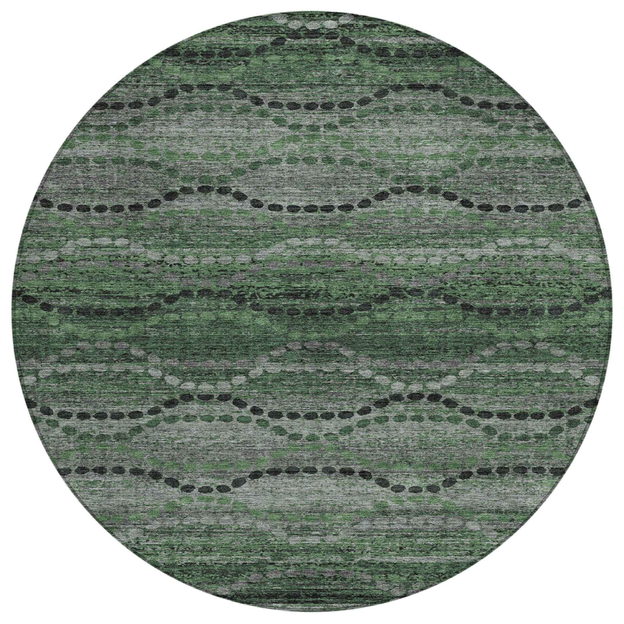 8' Olive Green And Gray Round Ogee Washable Indoor Outdoor Area Rug