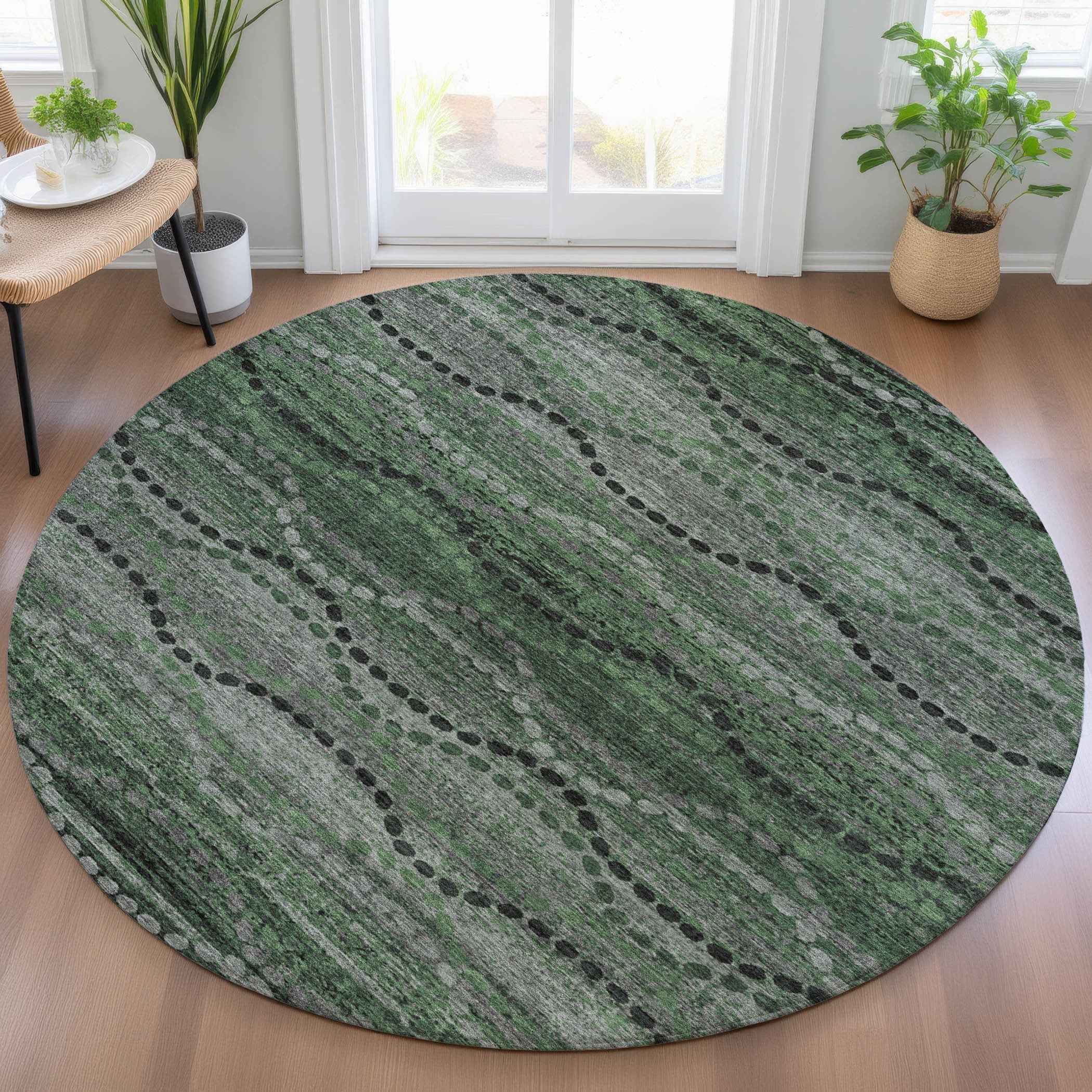 8' Olive Green And Gray Round Ogee Washable Indoor Outdoor Area Rug