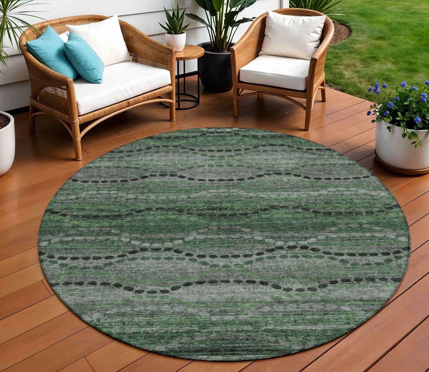 8' Olive Green And Gray Round Ogee Washable Indoor Outdoor Area Rug