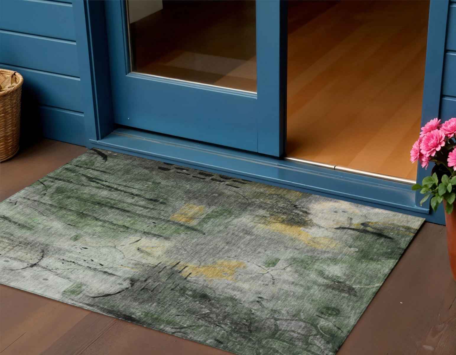 3' X 5' Pewter And Gold Abstract Washable Indoor Outdoor Area Rug