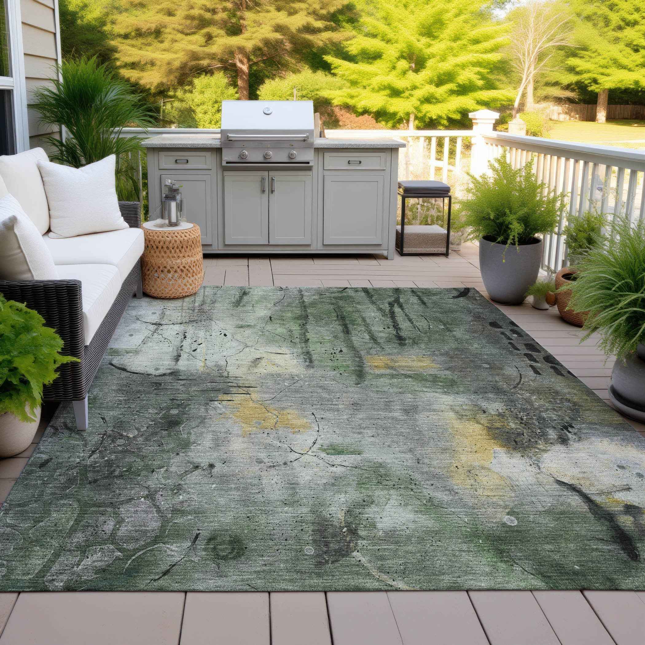 3' X 5' Pewter And Gold Abstract Washable Indoor Outdoor Area Rug