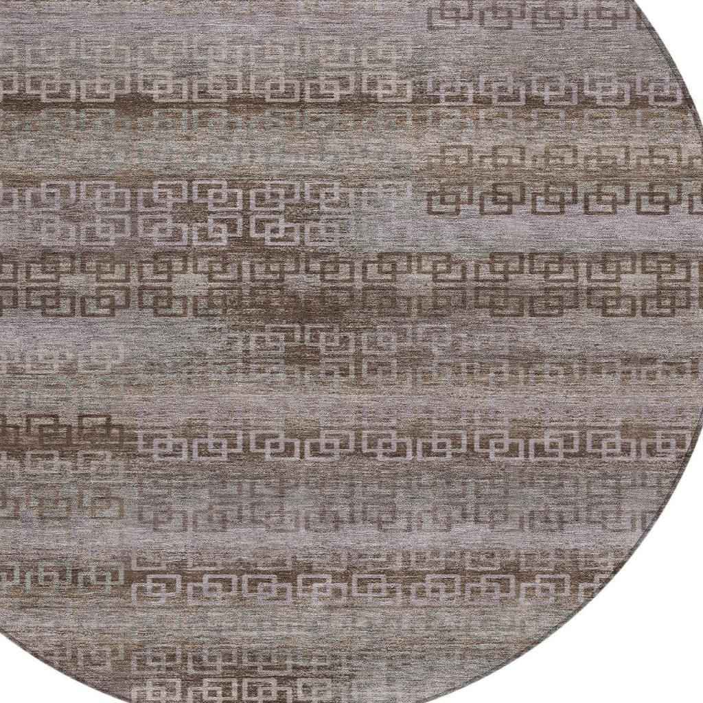 8' Chocolate And Gray Round Striped Washable Indoor Outdoor Area Rug