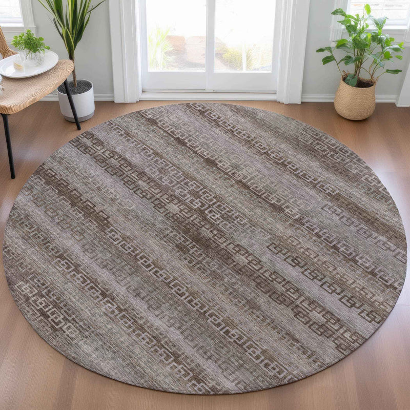 8' Chocolate And Gray Round Striped Washable Indoor Outdoor Area Rug