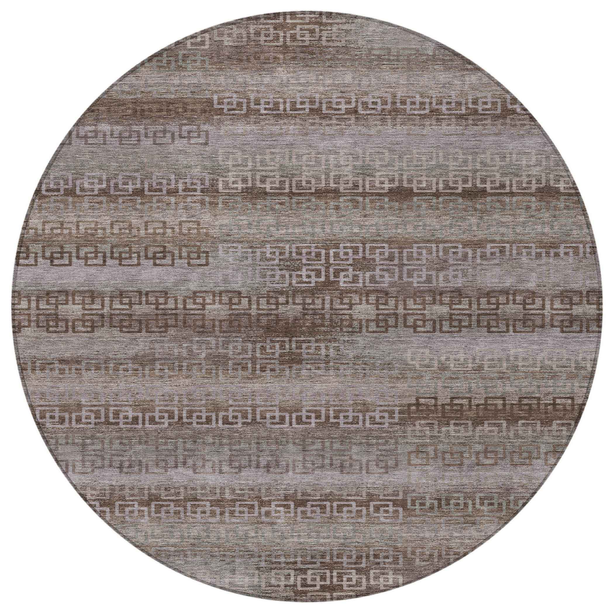 8' Chocolate And Gray Round Striped Washable Indoor Outdoor Area Rug
