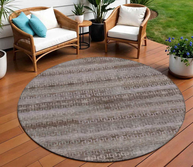 8' Chocolate And Gray Round Striped Washable Indoor Outdoor Area Rug