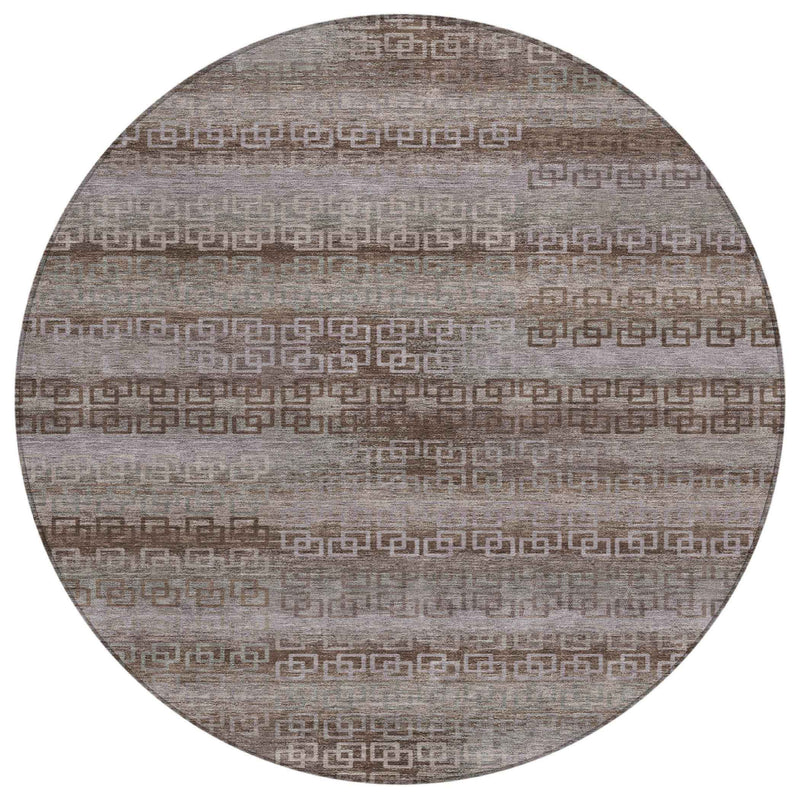 8' Chocolate And Gray Round Striped Washable Indoor Outdoor Area Rug