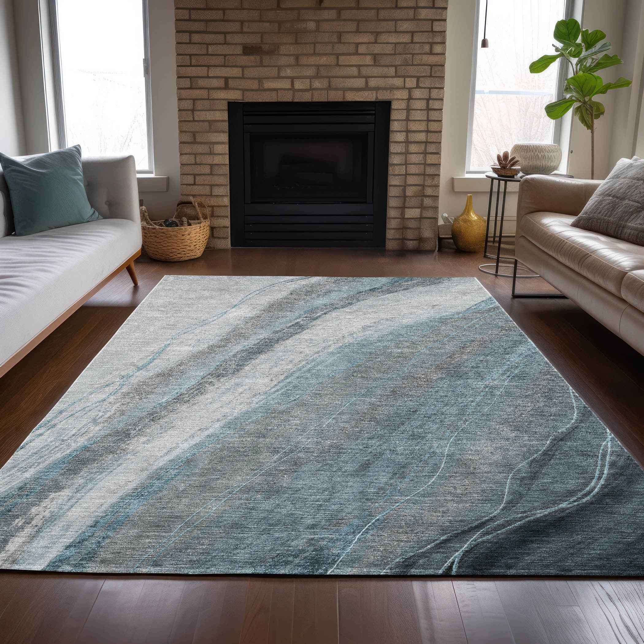 9' X 12' Teal Blue And Gray Abstract Washable Indoor Outdoor Area Rug