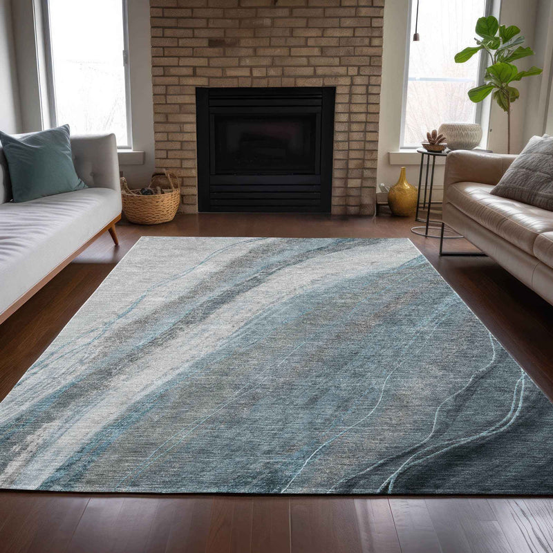 9' X 12' Teal Blue And Gray Abstract Washable Indoor Outdoor Area Rug
