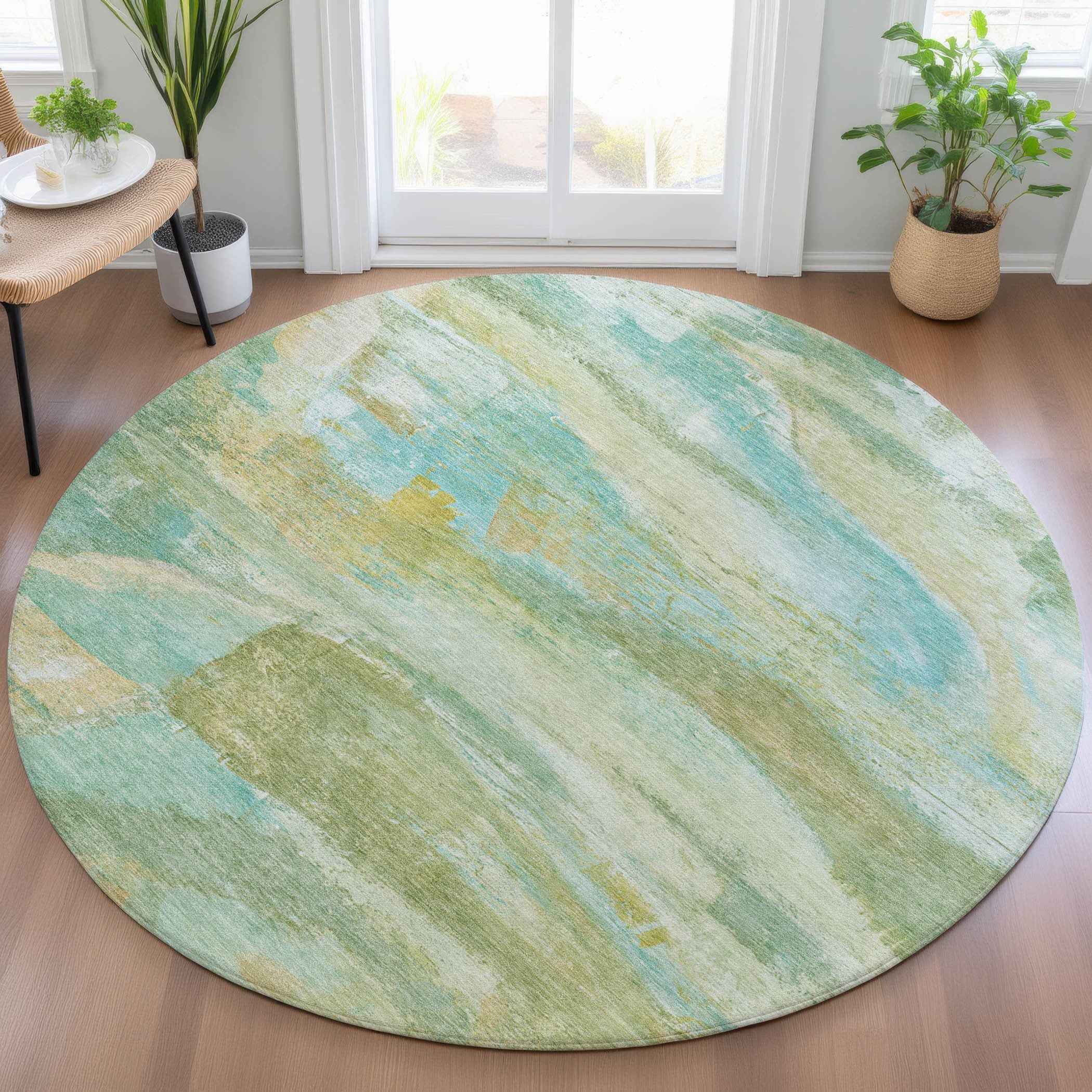 8' Green Teal Blue And Copper Round Abstract Washable Indoor Outdoor Area Rug