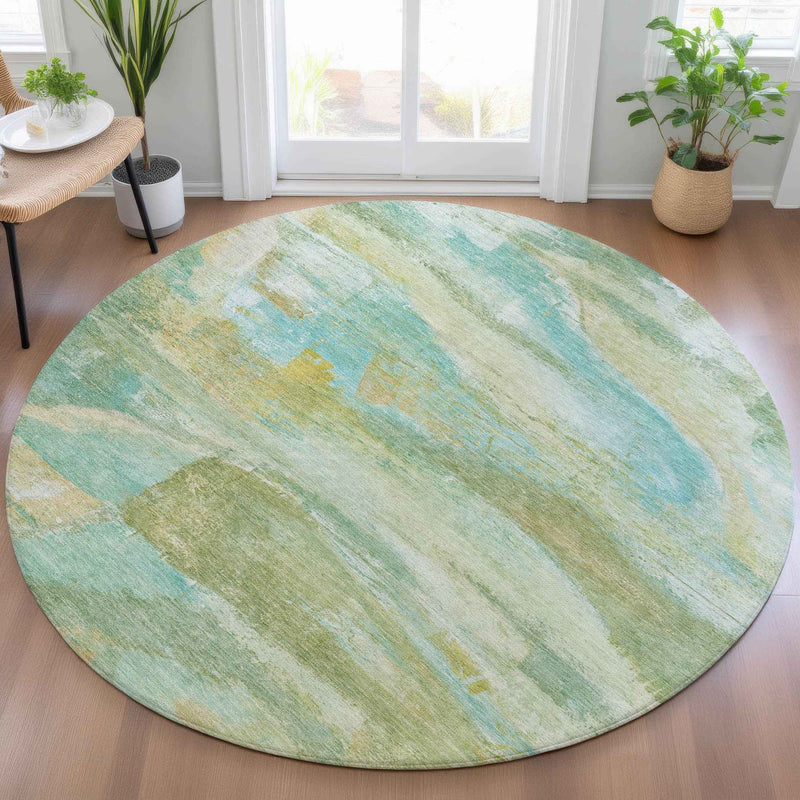 8' Green Teal Blue And Copper Round Abstract Washable Indoor Outdoor Area Rug