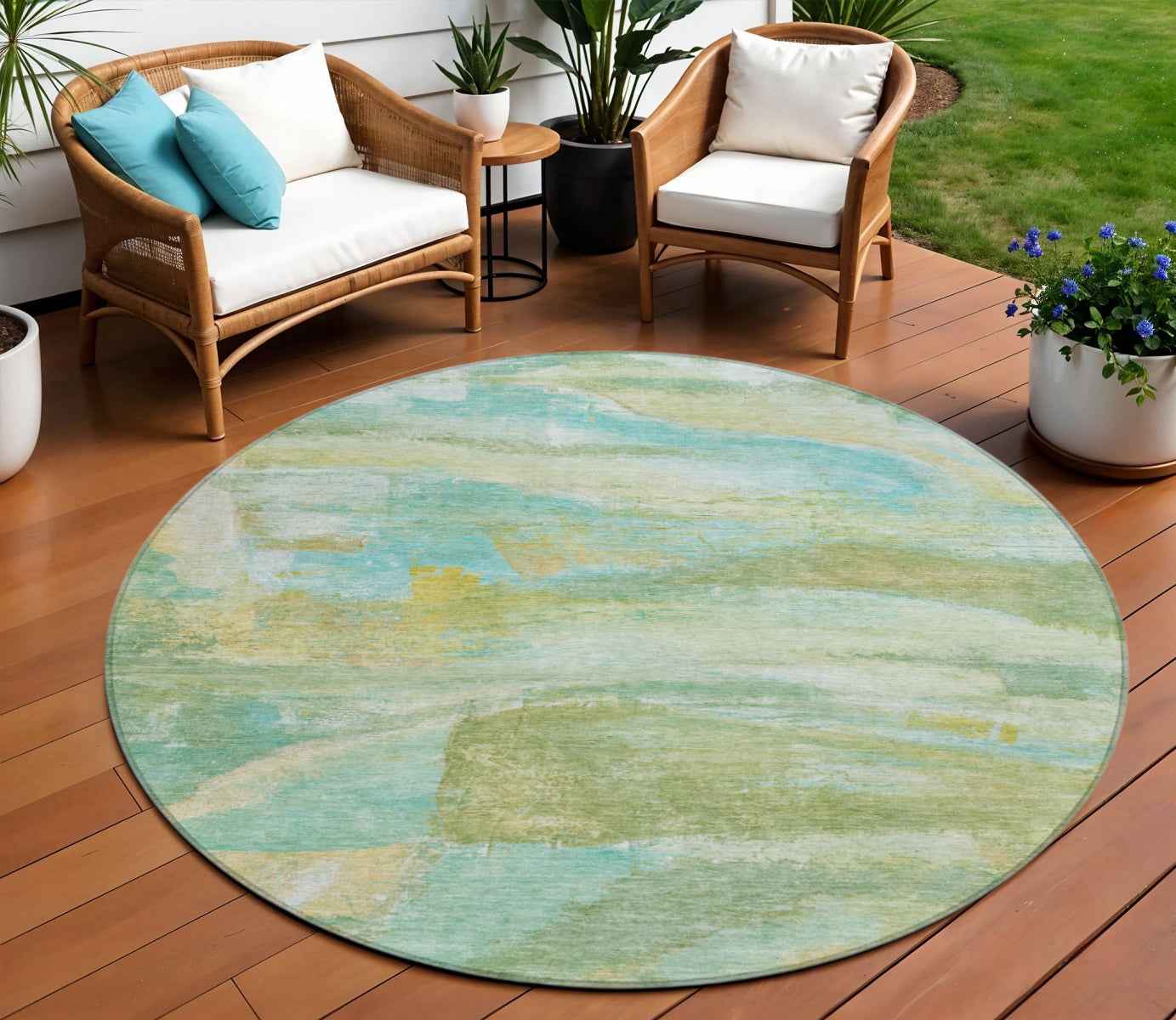 8' Green Teal Blue And Copper Round Abstract Washable Indoor Outdoor Area Rug
