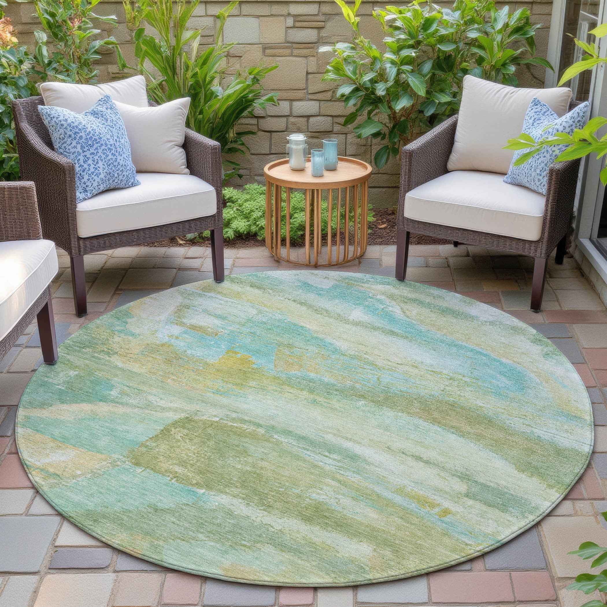 8' Green Teal Blue And Copper Round Abstract Washable Indoor Outdoor Area Rug