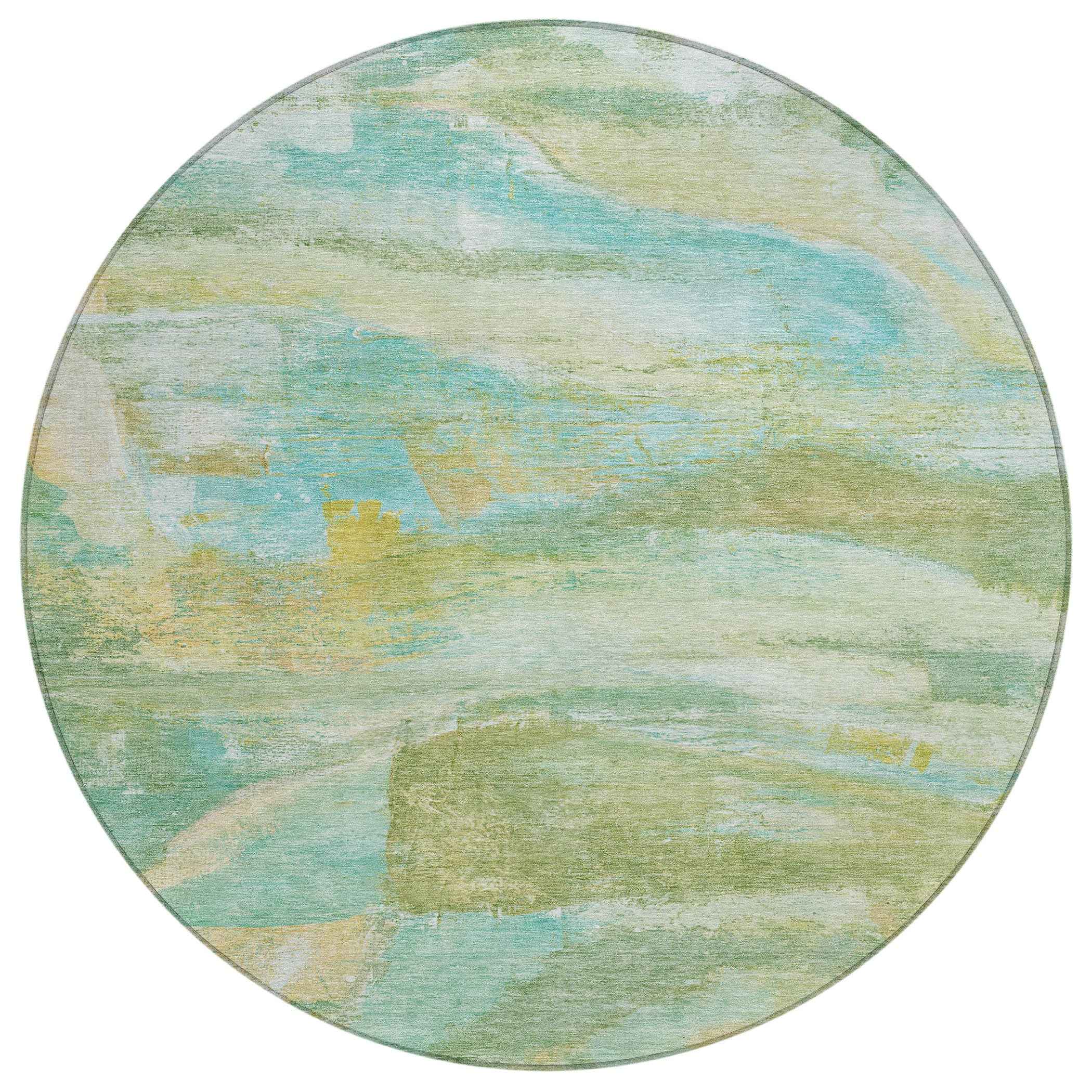 8' Green Teal Blue And Copper Round Abstract Washable Indoor Outdoor Area Rug