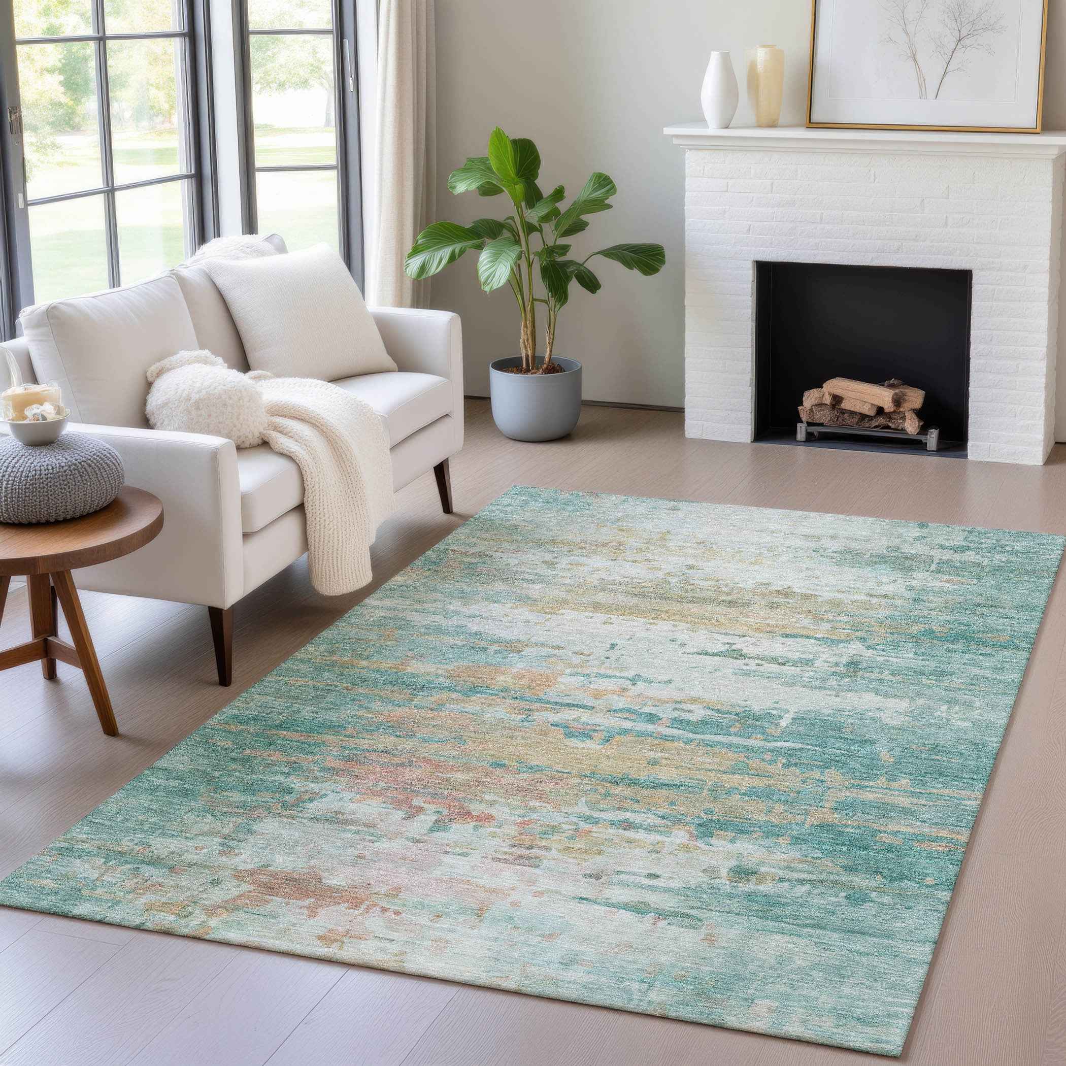9' X 12' Teal Blue And Beige Abstract Washable Indoor Outdoor Area Rug