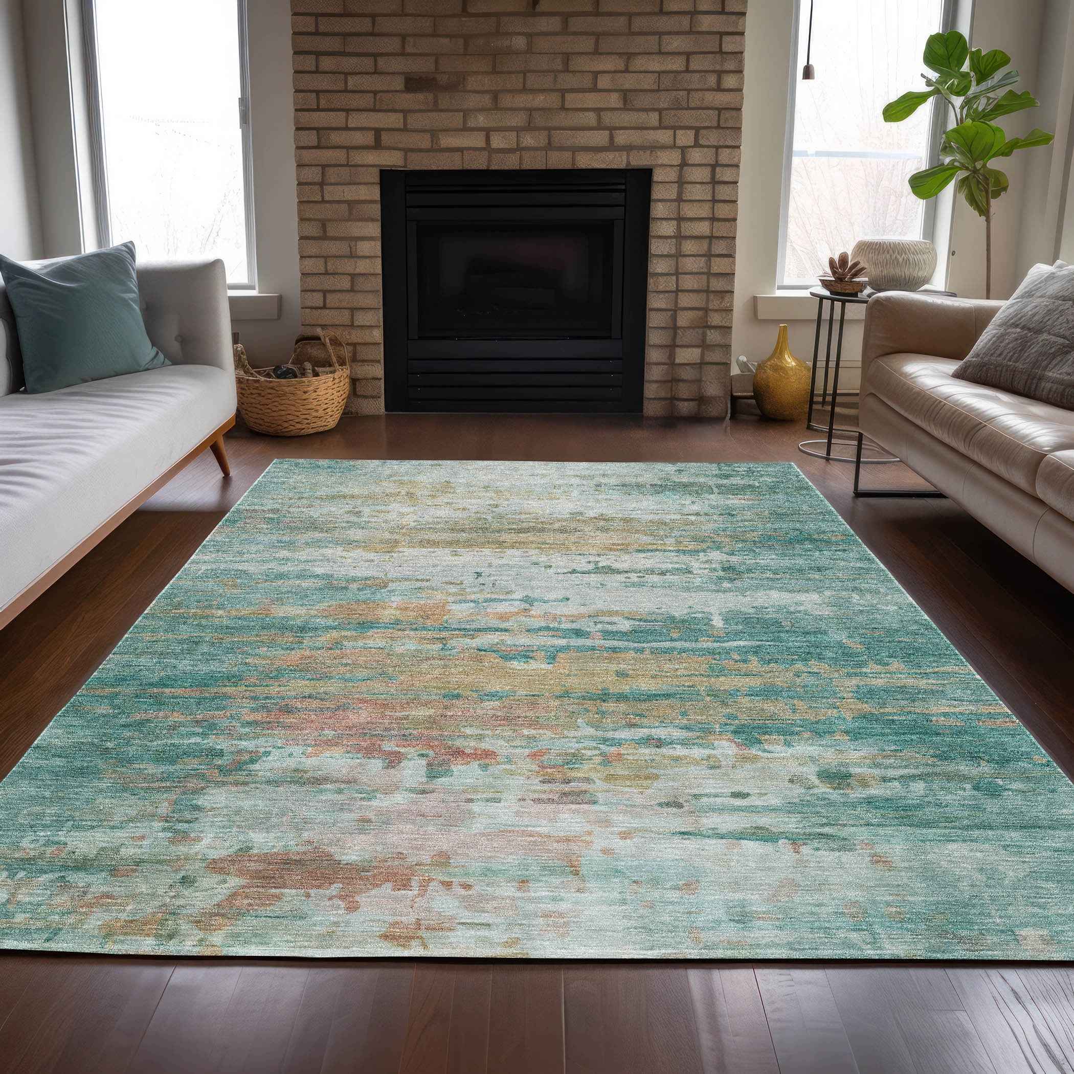 9' X 12' Teal Blue And Beige Abstract Washable Indoor Outdoor Area Rug