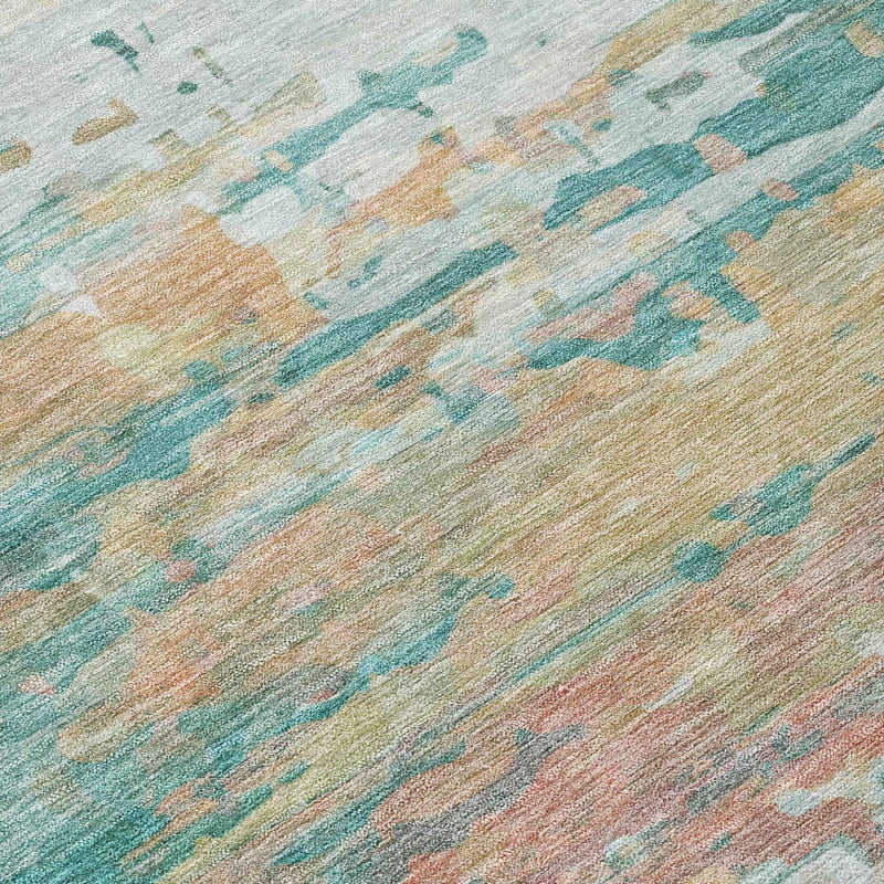 9' X 12' Teal Blue And Beige Abstract Washable Indoor Outdoor Area Rug