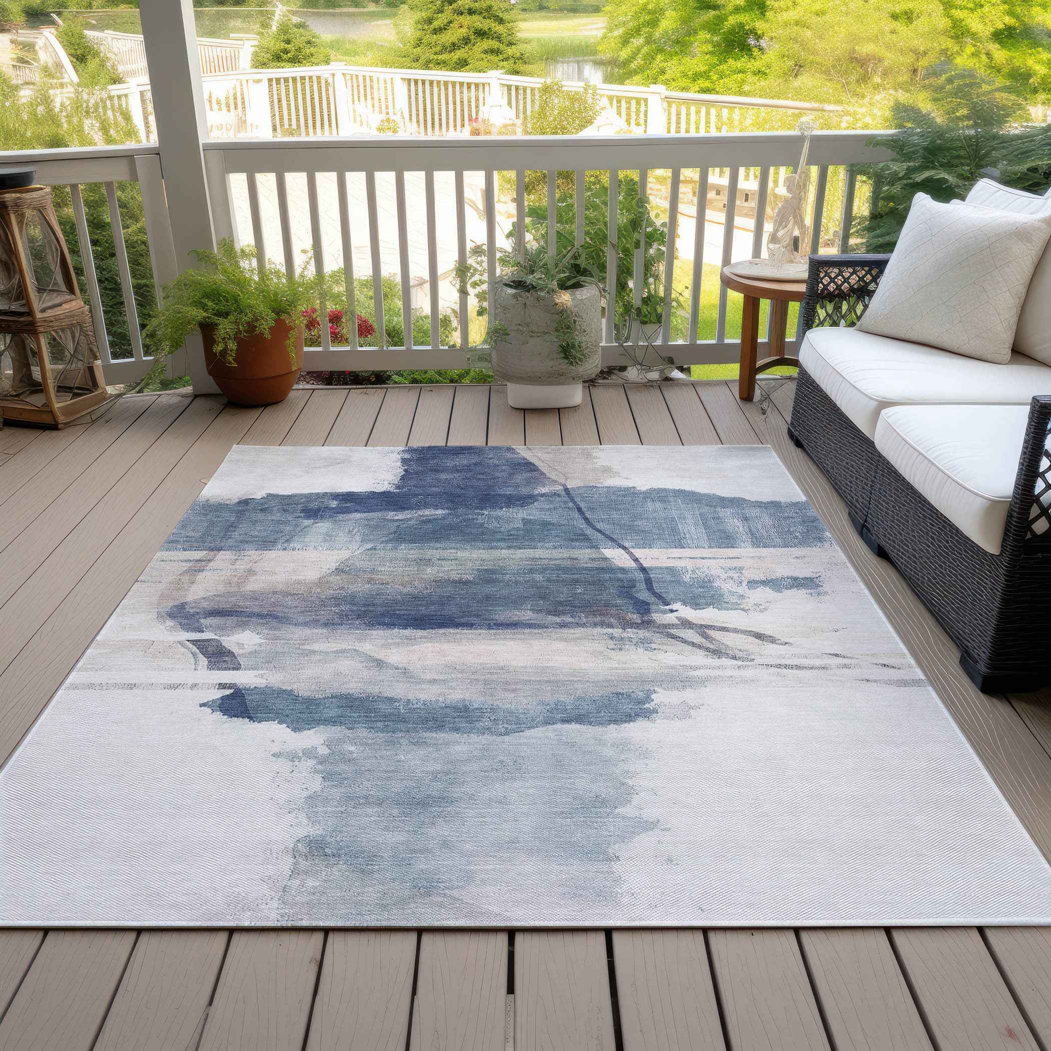3' X 5' Blue And Ivory Abstract Washable Indoor Outdoor Area Rug