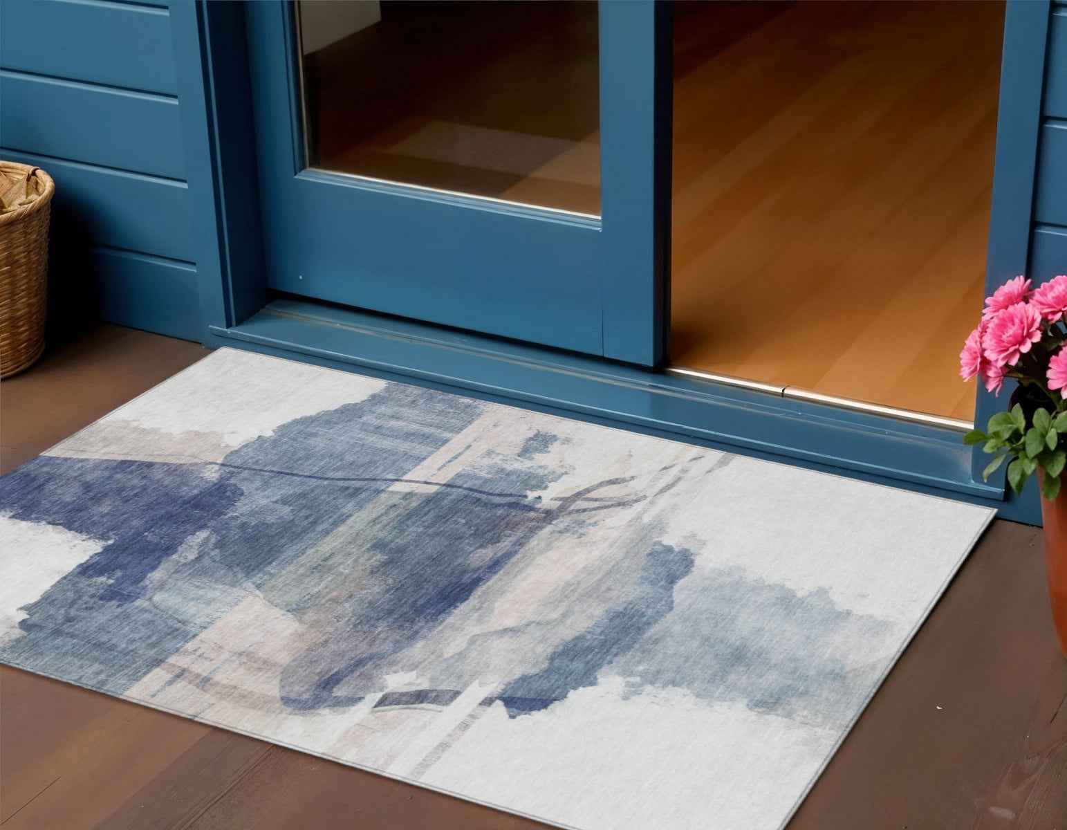 3' X 5' Blue And Ivory Abstract Washable Indoor Outdoor Area Rug