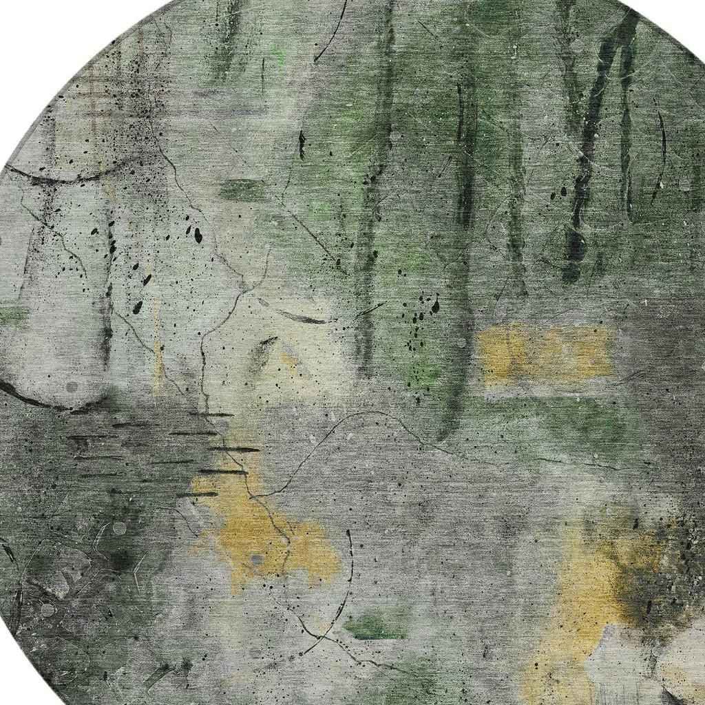 8' Pewter And Gold Round Abstract Washable Indoor Outdoor Area Rug