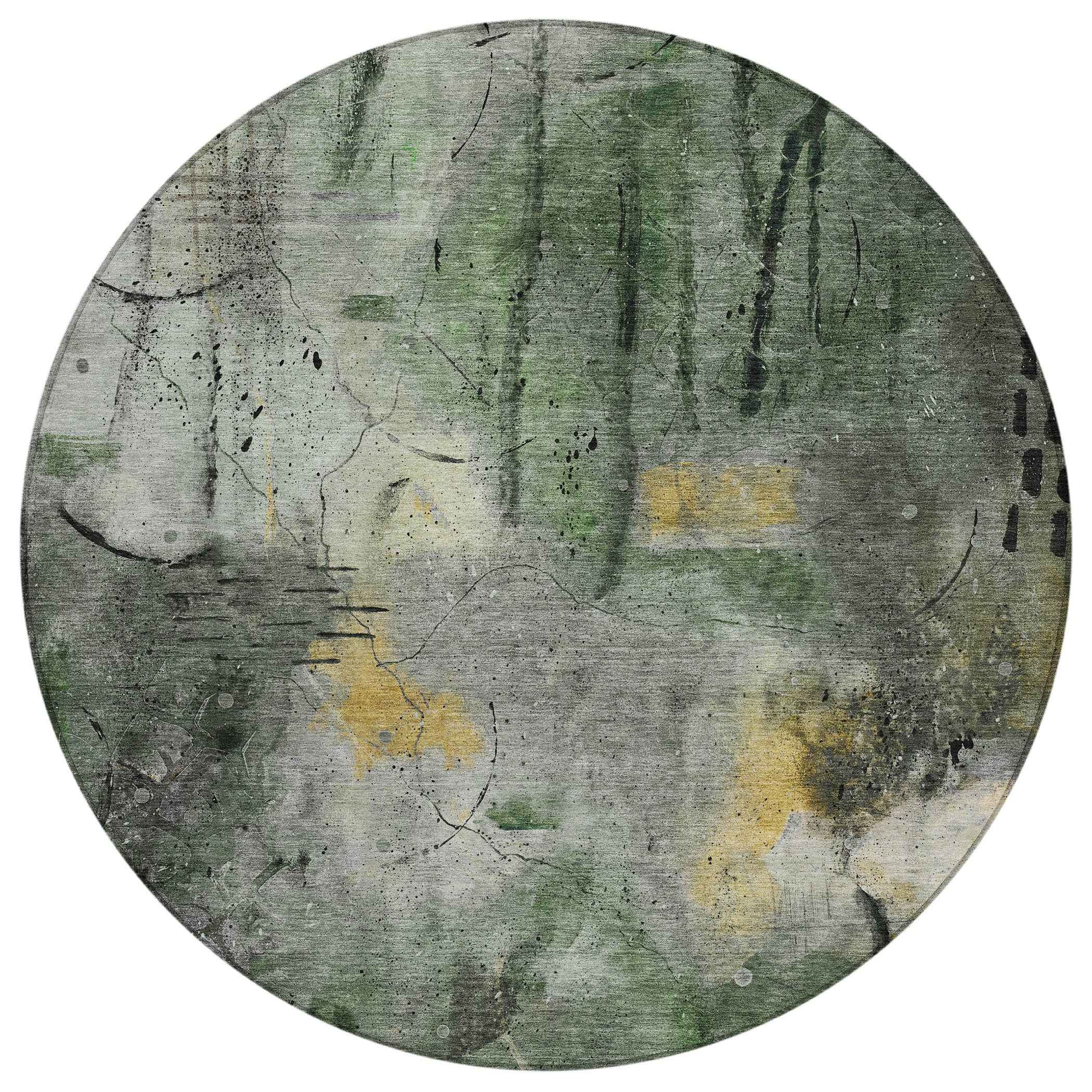 8' Pewter And Gold Round Abstract Washable Indoor Outdoor Area Rug